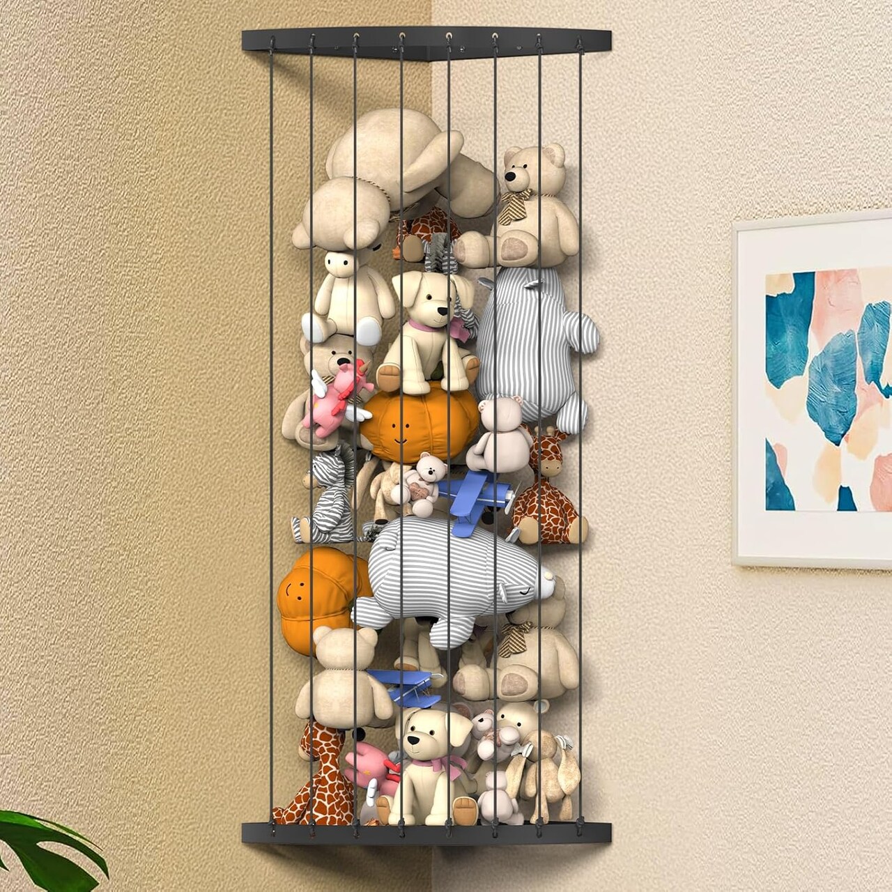 Corner Stuffed Animal Storage Hammock – Adjustable Length (34.25"-59") Wall-Mounted Organizer, Space-Saving Toy Net for Nursery, Playroom, Kids’ Bedroom – Black